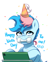 Size: 1441x1737 | Tagged: safe, artist:maren, derpibooru import, oc, oc only, oc:blue chewings, earth pony, pony, birthday, chew toy, confetti, earth pony oc, female, happy birthday, hat, looking up, male, mare, mouth hold, party hat, simple background, solo, stallion, white background