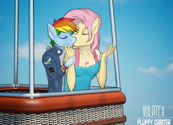 Size: 1500x1080 | Tagged: safe, artist:fluffyorbiter, derpibooru exclusive, derpibooru import, fluttershy, rainbow dash, anthro, pegasus, equestria girls, equestria girls series, rollercoaster of friendship, badge, bracelet, breasts, clothes, comforting, female, ferris wheel, flutterdash, holding hands, hootershy, hot air balloon, hug, hug from behind, jacket, jewelry, kissing, leather, leather jacket, lesbian, looking at each other, looking at someone, mare, necklace, patch, rainbow factory logo, shipping, wonderbolts logo