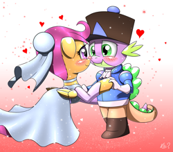 Size: 1903x1668 | Tagged: safe, artist:questionmarkdragon, derpibooru import, scootaloo, spike, dragon, pegasus, pony, blushing, clothes, dancing, dress, female, filly, foal, gradient background, hat, heart, holding hands, holding hooves, male, scootaspike, shipping, straight, tomboy taming, wedding dress