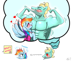 Size: 2015x1700 | Tagged: safe, artist:questionmarkdragon, derpibooru import, rainbow dash, zephyr breeze, pegasus, pony, blushing, clothes, daydream, dress, drool, female, flexing, heart, heart eyes, imagine spot, implied fluttershy, male, mare, muscles, muscular male, offscreen character, open mouth, open smile, scared, shipping, simple background, smiling, stallion, straight, sweat, sweatdrop, thought bubble, tomboy taming, trembling, wavy mouth, white background, wingding eyes, zephdash