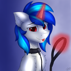 Size: 4616x4615 | Tagged: safe, alternate version, artist:flapstune, derpibooru import, dj pon-3, record scrape, vinyl scratch, pony, unicorn, chest fluff, collar, ear fluff, ears, fluffy, glowing, glowing horn, horn, leash, male, pet play, red eyes, rule 63, signature, simple background, stallion, tongue, tongue out