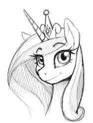 Size: 451x601 | Tagged: safe, artist:anearbyanimal, princess cadance, alicorn, pony, bust, crown, eye clipping through hair, eyebrows visible through hair, female, horn, jewelry, looking at you, mare, monochrome, portrait, regalia, smiling, solo