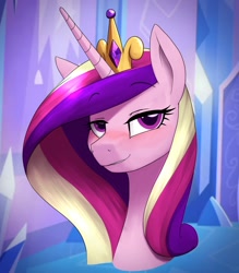 Size: 1400x1600 | Tagged: safe, alternate version, artist:anearbyanimal, part of a set, princess cadance, alicorn, pony, blushing, bust, crown, eyebrows visible through hair, female, horn, jewelry, lidded eyes, lip bite, looking at you, mare, portrait, regalia, smiling, smiling at you, solo