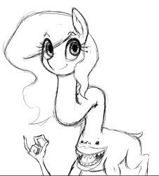 Size: 591x653 | Tagged: safe, artist:anearbyanimal, oc, oc only, oc:nurse bonesaw, pony, dock, eye clipping through hair, female, long neck, looking at you, mare, monochrome, monster, open mouth, sharp teeth, smiling, teeth