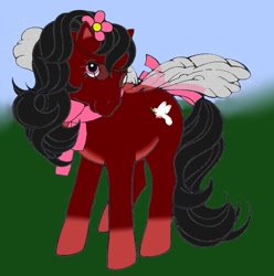 Size: 795x802 | Tagged: safe, artist:peacepetal, derpibooru import, oc, oc:peace petal, flutter pony, g1, base used, bow, clothes, flower, flower in hair, glasses, male, red and black oc, scarf, stallion, tail, tail bow