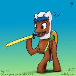 Size: 1000x1000 | Tagged: safe, artist:hiddelgreyk, derpibooru import, oc, oc only, pegasus, pony, adventure time, backpack, brown coat, chest fluff, clothes, concerned, cosplay, costume, finn the human, male, mouth hold, newbie artist training grounds, pegasus oc, simple background, solo, stallion, sword, weapon