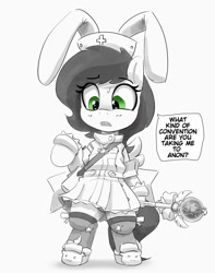 Size: 945x1200 | Tagged: safe, artist:pabbley, derpibooru import, oc, oc only, oc:anon filly, earth pony, pony, bipedal, bunny ears, clothes, cosplay, costume, female, filly, foal, grayscale, hat, monochrome, neo noir, nurse hat, partial color, simple background, solo, speech bubble, wand, white background