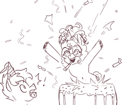 Size: 814x690 | Tagged: safe, artist:nire, derpibooru import, oc, oc:blue chewings, earth pony, pegasus, pony, birthday cake, cake, chew toy, confetti, duo, female, food, freckles, glasses, happy birthday, hat, male, mare, monochrome, mouth hold, party hat, party horn, popping out of a cake, simple background, stallion, white background