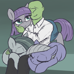 Size: 3000x3000 | Tagged: safe, artist:t72b, derpibooru import, limestone pie, marble pie, maud pie, oc, oc:anon, earth pony, human, pony, blushing, clothes, cuddling, eyes closed, female, human male, human on pony snuggling, lucky bastard, lying down, male, mare, petting, pie sisters, prone, siblings, sisters, sitting, sitting on lap, sleeping, snuggling