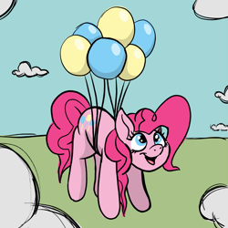 Size: 2145x2145 | Tagged: safe, artist:doodledonutart, derpibooru import, pinkie pie, earth pony, pony, adventure, atg 2022, balloon, cloud, female, floating, high res, looking up, mare, newbie artist training grounds, open mouth, open smile, smiling, solo, then watch her balloons lift her up to the sky