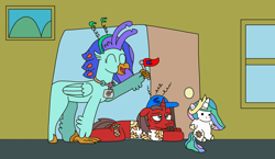 Size: 3224x1871 | Tagged: safe, artist:supahdonarudo, derpibooru import, princess celestia, oc, oc only, oc:ironyoshi, oc:sea lilly, classical hippogriff, hippogriff, original species, unicorn, atg 2022, camera, clothes, door, exhausted, flag, hat, headband, holding, jewelry, lying down, necklace, newbie artist training grounds, plush pony, plushie, prone, shirt, tired, window