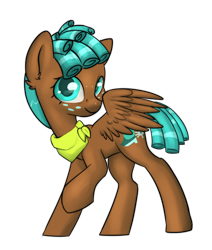 Size: 2200x2600 | Tagged: safe, artist:dumbwoofer, derpibooru import, spur, pegasus, pony, bandana, female, filly, foal, freckles, looking at you, raised hoof, raised leg, simple background, smiling, smiling at you, solo, spread wings, transparent background, wings