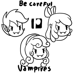 Size: 450x450 | Tagged: safe, artist:the-butch-x, derpibooru import, apple bloom, scootaloo, sweetie belle, undead, vampire, equestria girls, apple bloom's bow, black and white, bow, cutie mark crusaders, fangs, female, grayscale, hair bow, monochrome, patreon, patreon logo, sharp teeth, smiling, teeth, trio, trio female