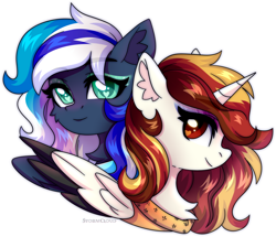 Size: 2322x1999 | Tagged: safe, artist:stormcloud, derpibooru import, oc, oc only, oc:flaming dune, oc:morningstar darkwater, alicorn, pegasus, pony, alicorn oc, bust, chest fluff, eyeshadow, female, gradient eyes, green eyes, horn, looking at someone, looking at you, makeup, mare, multicolored mane, pegasus oc, portrait, red eyes, red mane, simple background, smiling, white background, wings