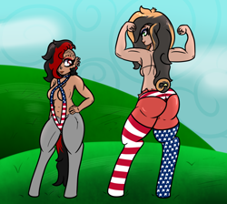 Size: 1300x1164 | Tagged: safe, artist:lazerblues, derpibooru import, oc, oc:bella, oc:darcy, hybrid, satyr, 4th of july, abs, american flag bikini, flex, holiday, offspring, parent:big macintosh, parent:oc:miss eri