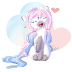 Size: 1280x1280 | Tagged: safe, artist:aledera, derpibooru import, oc, oc only, earth pony, pony, eyes closed, female, heart, mare, multicolored hair, multicolored mane, multicolored tail, open mouth, open smile, simple background, sitting, smiling, solo, transparent background, twintails