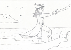 Size: 1187x837 | Tagged: safe, artist:friendshipishorses, derpibooru import, twilight sparkle, anthro, atg 2022, monochrome, newbie artist training grounds, solo, sword, traditional art, weapon