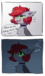 Size: 707x1200 | Tagged: safe, artist:swaybat, derpibooru import, oc, oc only, oc:swaybat, bat pony, pony, ..., :<, blushing, chest fluff, choker, comic, dialogue, instant loss 2koma, lidded eyes, scared, smiling, smug, surprised, sweat