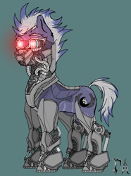 Size: 1890x2540 | Tagged: safe, artist:deadair, derpibooru import, oc, cyborg, pegasus, pony, commission, implants, pegasus oc, red eyes, solo, watermark, white hair, wingless