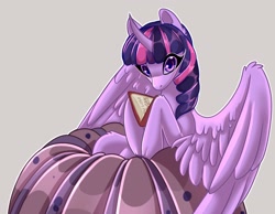 Size: 2048x1592 | Tagged: safe, artist:unfinishedheckery, derpibooru import, twilight sparkle, twilight sparkle (alicorn), alicorn, pony, book, bookhorse, digital art, female, horn, jello, looking at you, mare, simple background, solo, spread wings, wings