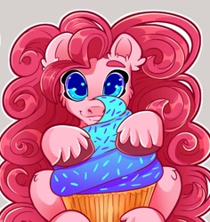 Size: 1604x1700 | Tagged: safe, artist:unfinishedheckery, derpibooru import, pinkie pie, earth pony, pony, cupcake, cute, diapinkes, digital art, female, food, hooves, looking at you, mare, simple background, solo, tail