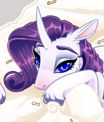 Size: 718x844 | Tagged: safe, artist:unfinishedheckery, derpibooru import, rarity, pony, unicorn, bedroom eyes, digital art, female, hooves, horn, mare, simple background, solo