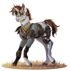 Size: 1280x1311 | Tagged: safe, artist:notsosmartsmarty, derpibooru import, oc, oc only, oc:littlepip, pony, unicorn, fallout equestria, alternate design, alternate hairstyle, armor, bag, freckles, grass, looking up, multicolored hair, pipbuck, saddle bag, shading, simple background, solo, transparent background