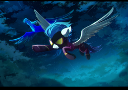 Size: 1350x954 | Tagged: safe, artist:skyeypony, derpibooru import, pegasus, phoenix, pony, blue phoenix, female, mare, night, shadowbolts, sky, solo, stars, wings