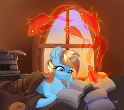 Size: 2902x2571 | Tagged: safe, artist:ijustmari, derpibooru import, oc, oc:skydreams, fish, pony, unicorn, blanket, book, female, koi, mare, reading, sky, solo, window