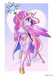 Size: 2766x3945 | Tagged: safe, alternate version, artist:lummh, derpibooru import, part of a set, princess cadance, alicorn, anthro, unguligrade anthro, g4, abstract background, beautiful, beautisexy, big breasts, breasts, cloak, cloaked, clothes, crystal heart, crystal princess, cute, female, heart, holiday, hooves, ponytail, priestess, princess of love, sexy, socks, solo, staff, stockings, thigh highs, valentine's day