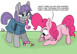 Size: 3260x2280 | Tagged: safe, artist:doodledonutart, derpibooru import, boulder (pet), maud pie, pinkie pie, earth pony, pony, atg 2022, clothes, comic, cute, dialogue, dress, excited, female, happy, mare, newbie artist training grounds, noisemaker, party horn, pie sisters, rock, siblings, simple background, sisters, trio, white background