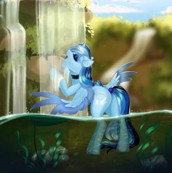 Size: 3538x3560 | Tagged: safe, artist:ijustmari, derpibooru import, oc, oc only, alicorn, pony, alicorn oc, horn, lilypad, solo, water, waterfall, waterfall shower, wings