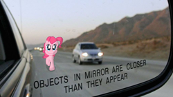 Size: 1029x579 | Tagged: safe, derpibooru import, edit, pinkie pie, earth pony, pony, female, highway, irl, it's coming right at us, mare, meme, mirror, objects in mirror are closer than they appear, photo, ponies in real life, smile hd, solo, this is gonna suck