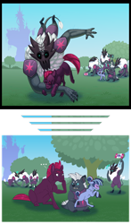 Size: 1879x3192 | Tagged: safe, artist:jackiebloom, derpibooru import, grubber, tempest shadow, oc, oc only, oc:twilight moonstone, anthro, earth pony, hedgehog, pony, unguligrade anthro, unicorn, my little pony: the movie, bandage, bandaid, cheering, clothes, first aid, first aid kit, flag, holding, holding a pony, royal guard, storm creature, storm guard, tempest becomes a royal guard, training, tree, tripping, twilight's castle