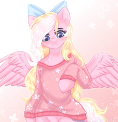 Size: 1900x1966 | Tagged: safe, artist:kawipie, derpibooru import, oc, oc only, oc:bay breeze, pegasus, pony, semi-anthro, :3, blushing, bow, clothes, cute, female, hair bow, mare, pegasus oc, spread wings, sweater, wings