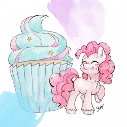 Size: 3588x3588 | Tagged: safe, artist:lightisanasshole, derpibooru import, pinkie pie, earth pony, pony, :t, crumbs, cupcake, female, food, simple background, small pony, smiling, solo, tiny, tiny ponies, traditional art, watercolor painting, white background