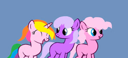 Size: 1280x584 | Tagged: safe, artist:disneyponyfan, derpibooru import, pinkie pie (g3), rarity (g3), wysteria, earth pony, pony, unicorn, g3, g4, base used, best friends, blank flank, blue background, blue eyes, cute, eyes closed, female, g3 diapinkes, g3 raribetes, g3 to g4, generation leap, mare, ms paint, multicolored hair, multicolored mane, multicolored tail, open mouth, open smile, pink hair, pink mane, pink tail, purple hair, purple mane, purple tail, simple background, smiling, tail, talking, trio, wysteriadorable