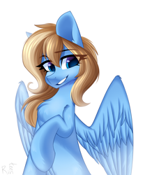 Size: 1500x1800 | Tagged: safe, artist:rinteen, derpibooru import, oc, oc:lusty symphony, pegasus, pony, chest fluff, eye clipping through hair, eyebrows, eyebrows visible through hair, looking at you, smiling, spread wings, wings