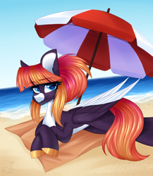 Size: 2000x2300 | Tagged: safe, artist:rinteen, derpibooru import, parasol, oc, pegasus, pony, beach, eyebrows, eyebrows visible through hair, looking at you, ocean, sand, smiling, solo, water