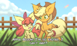Size: 3500x2100 | Tagged: safe, artist:ssb5, derpibooru import, apple bloom, applejack, earth pony, pony, bench, big ears, duo, duo female, ears, female, fence, filly, fluffy, foal, grass, grass field, happy, impossibly large ears, mare, siblings, sisters, text
