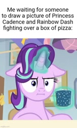 Size: 500x827 | Tagged: safe, derpibooru import, edit, edited screencap, screencap, starlight glimmer, marks for effort, :i, chocolate, drink, ears, empathy cocoa, floppy ears, food, hot chocolate, i mean i see, implied princess cadance, implied rainbow dash, solo, starlight's office, that pony sure does love pizza, waiting