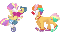 Size: 1280x732 | Tagged: safe, artist:itstechtock, derpibooru import, trapeze star, earth pony, pony, big top, bowtie, circus peanut, clown, clown makeup, clown nose, red nose, simple background, transparent background, unicycle