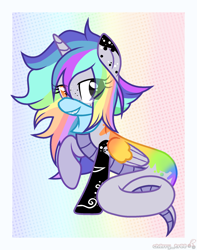 Size: 1710x2166 | Tagged: safe, alternate version, artist:idkhesoff, derpibooru import, oc, oc only, oc:pastel chole, alicorn, lamia, original species, pony, snake, snake pony, alicorn oc, bandana, coat markings, commission, female, freckles, grin, heterochromia, horn, lamiafied, mare, multicolored hair, rainbow background, rainbow hair, raised hoof, raised leg, smiling, solo, species swap, tattoo, wings, ych result