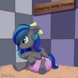 Size: 1000x1000 | Tagged: safe, artist:binkyroom, derpibooru import, oc, oc:summer breeze (pegasus), angry, bow, carpet, clothes, commission, crossed arms, cute, diaper, female, filly, foal, frilly diaper, frilly underwear, hair bow, looking away, pouting, sitting, solo, underwear, ych result