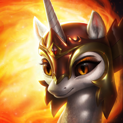 Size: 2000x2000 | Tagged: safe, artist:emeraldparrot, derpibooru import, daybreaker, pony, bust, ear fluff, ears, female, helmet, high res, mane of fire, mare, neck fluff, portrait, slit eyes, solo