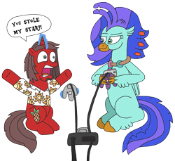 Size: 2660x2441 | Tagged: safe, artist:supahdonarudo, derpibooru import, oc, oc only, oc:ironyoshi, oc:sea lilly, classical hippogriff, hippogriff, unicorn, atg 2022, betrayal, camera, clothes, controller, dialogue, holding, jewelry, levitation, magic, mario party, necklace, newbie artist training grounds, nintendo 64, raised eyebrow, shirt, shocked, simple background, sitting, smug, speech bubble, telekinesis, text, transparent background