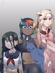 Size: 1536x2048 | Tagged: safe, artist:metaruscarlet, derpibooru import, oc, oc only, oc:anna (spirit), oc:keiko (ghost), oc:pride heart, ghost, human, undead, bandage, bandaid, belly button, blood, chains, clothes, cut, dark skin, dress, ear piercing, earring, eyebrow piercing, eyeshadow, female, gem, hoodie, humanized, humanized oc, jewelry, lip piercing, makeup, multicolored hair, necklace, nose piercing, open mouth, pants, piercing, rainbow hair, red eyes, scar, school uniform, size difference, spirit, sports bra, stitches, sweatpants, tattoo, torn clothes, trio