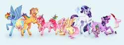 Size: 3529x1290 | Tagged: safe, artist:clairejabare, derpibooru import, angel bunny, applejack, fluttershy, gummy, pinkie pie, rainbow dash, rarity, spike, twilight sparkle, alligator, dragon, earth pony, pegasus, pony, rabbit, unicorn, animal, blue background, eye clipping through hair, female, hat, levitation, lying down, magic, mane seven, mane six, mare, party hat, prone, quill, scroll, sewing needle, simple background, spool, telekinesis, thread, writing