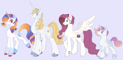 Size: 2495x1231 | Tagged: safe, artist:polymercorgi, derpibooru import, prince blueblood, rarity, oc, oc:chary, oc:darling, pony, unicorn, colt, family, female, foal, male, mare, offspring, parent:prince blueblood, parent:rarity, parents:rariblood, purple background, rariblood, shipping, simple background, stallion, straight