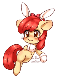 Size: 683x916 | Tagged: safe, artist:sugarcat_m, derpibooru import, apple bloom, earth pony, pony, adorabloom, belly button, blushing, bunny ears, clothes, cute, female, filly, foal, gloves, simple background, sweat, sweatdrop, white background
